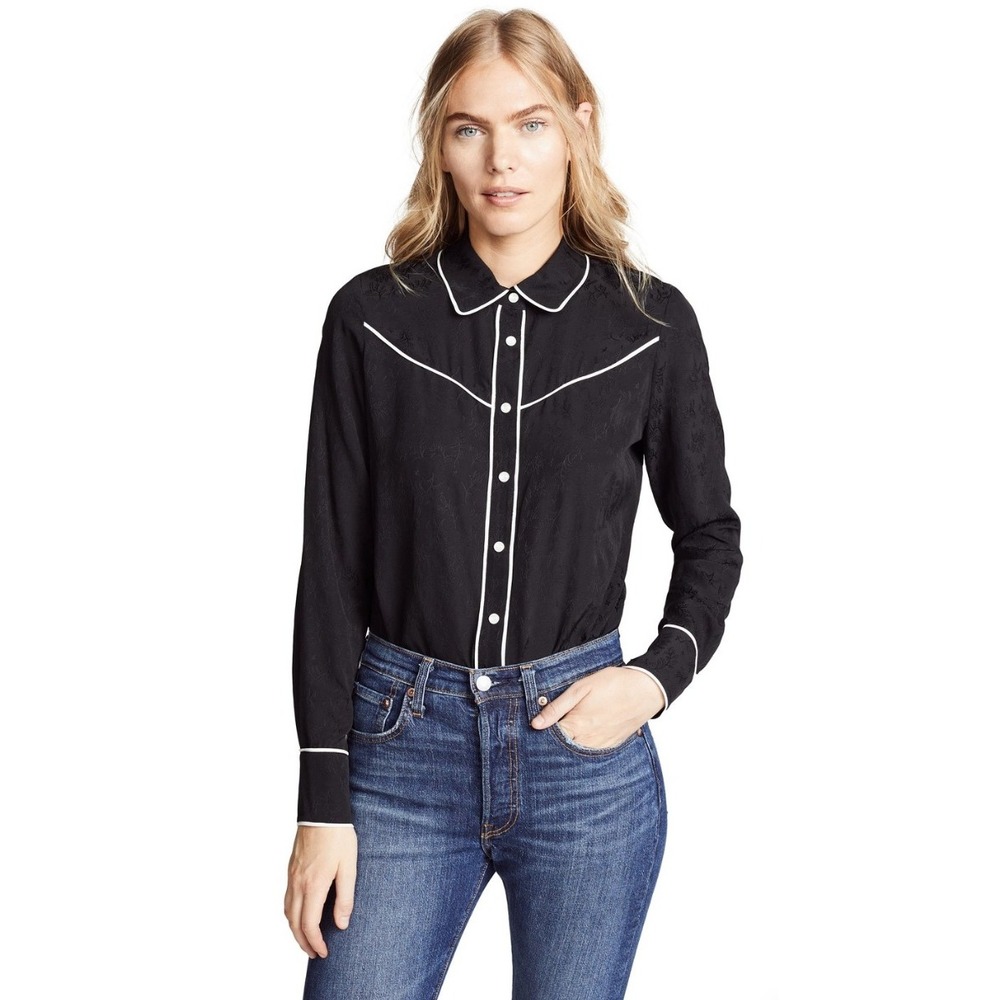 Veronica Beard Mayben Western Shirt Women 4 Black Silk Jacquard Rodeo Cowgirl